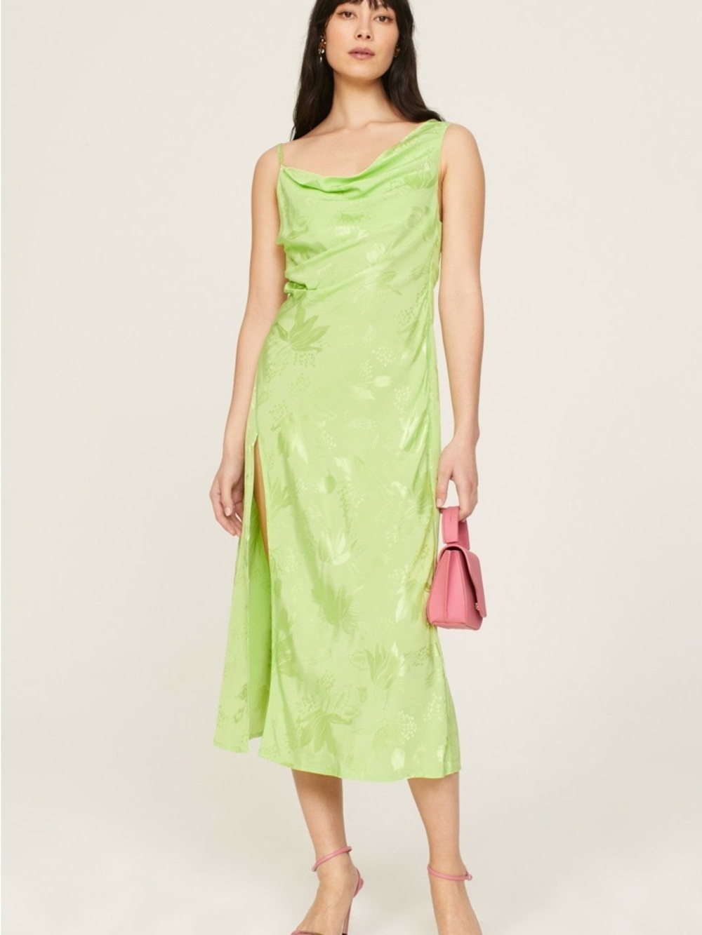 NWT For Love & Lemons Ilana Midi Dress Floral Jacquard Cowl Neck Slit Midi Dress